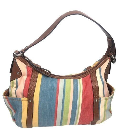 Fossil Purse Womens M Multi Striped Fabric & Leather Shoulder Bag Boho Festival - Picture 6 of 11